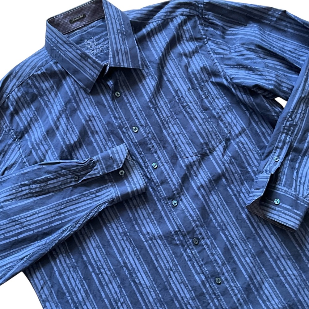 Bugatchi Uomo Blue Striped Cotton Long Sleeve Button Down Casual Shirt
